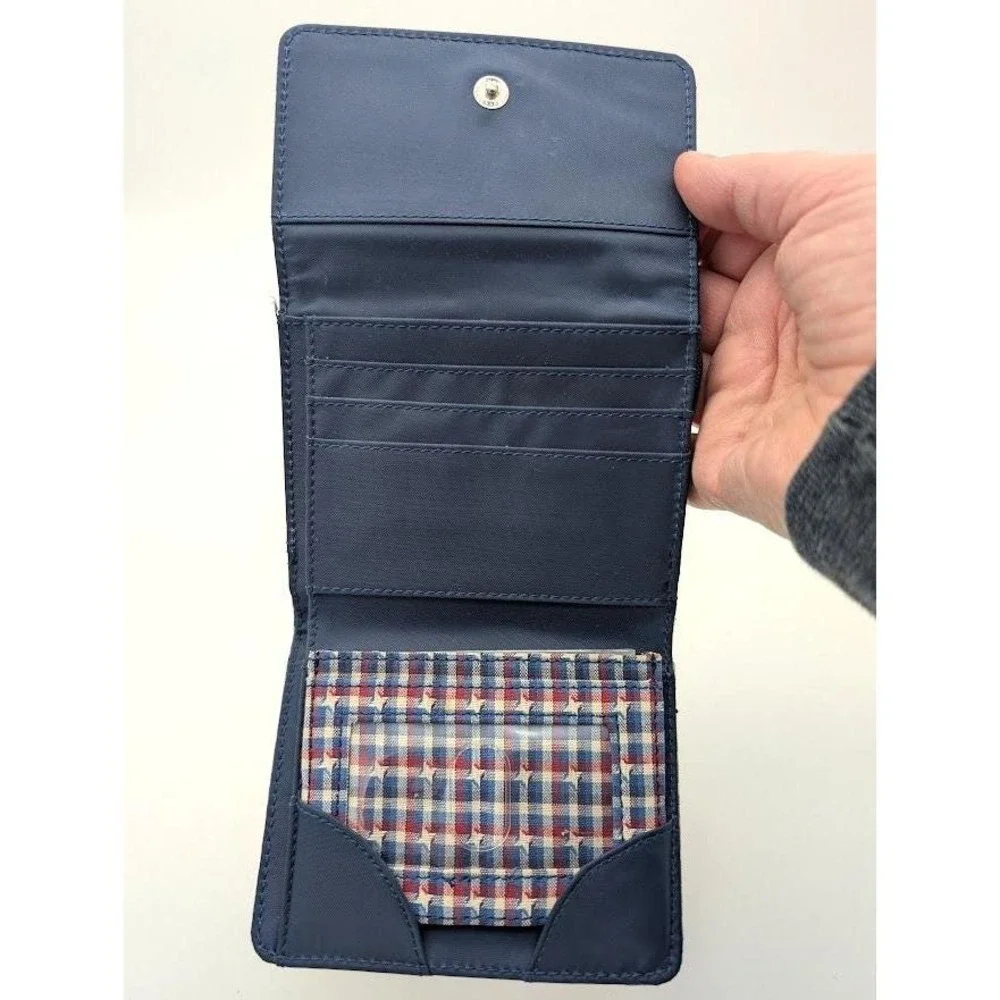 Longaberger Homestead Tri Fold Wallet Removable ID Fabric Country Plaid Blue NEW